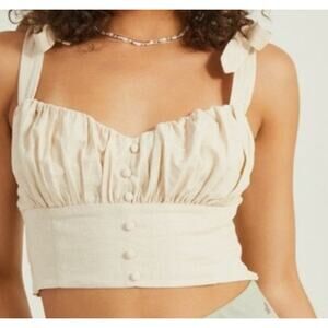 Altar’d State SZ L Delilah Linen Corset Top Cropped Tie Straps Smocked Beige NWT